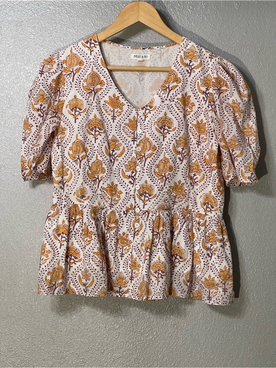 Beau & Ro Tops - Beau & Ro V-Neck Peplum Blouse in White with Mustard Floral Print - Size S